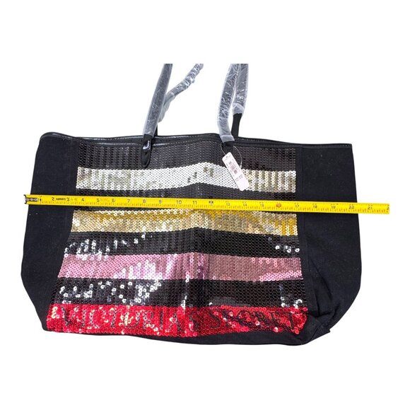 VICTORIA'S SECRET Large Travel Canvas/Sequin Striped Tote Bag Black W/ pouch New - Picture 6 of 14